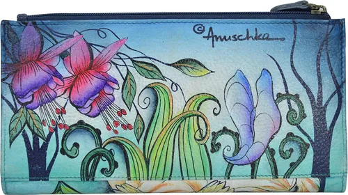 Vista 2 de Anuschka Cartera RFID de dos pliegues pintada a mano para mujer, botón a presión, tarjetero con protección RFID y ranura para identificación