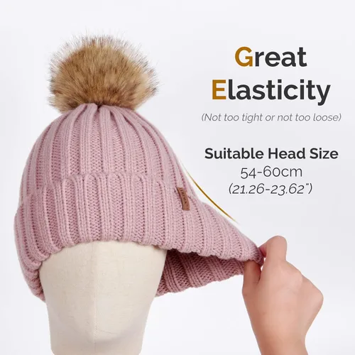 Vista 4 de FURTALK - Gorro de punto para el invierno con pompón de piel sintética, cálido, para mujeres