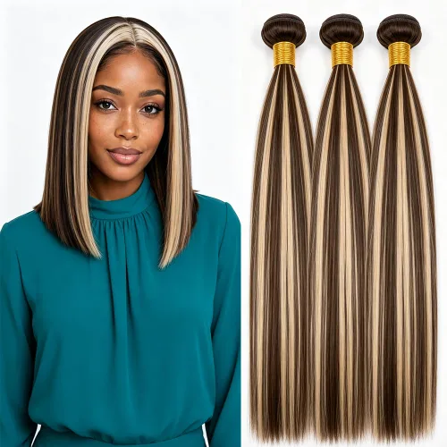 Vista 109 de P4613 Cabello humano rizado onda profunda marrón y paquetes mixtos 8 10 12 P4613 Ombre Marrón-Rubio-DP