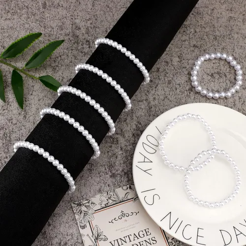 Vista 5 de Pulseras elásticas de perlas para mujer, bandas elásticas de perlas de imitación, pulseras apilables con cuentas blancas, ramillete