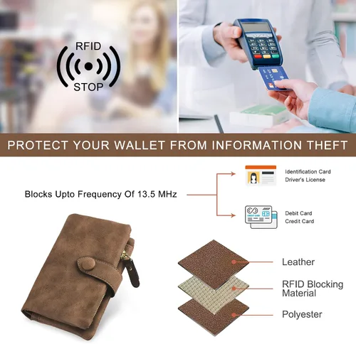 Vista 5 de Billeteras con bloqueo RFID para mujer, de gran capacidad, de cuero suave, cartera pequeña con correa para la muñeca, Marrón, Casual