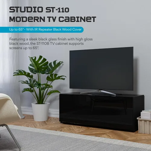 Vista 2 de SONOROUS ST-110 Soporte de TV premium con vidrio negro y cubierta de madera negra, centro de entretenimiento moderno y consola multimedia para sala