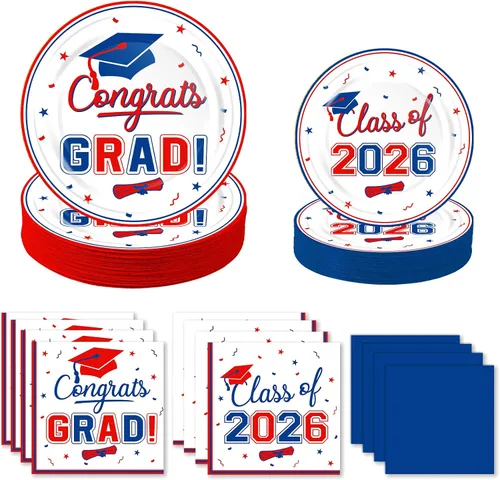 Vista 8 de Juego de vajilla de suministros para fiesta de graduación 2026, 100 platos y servilletas de graduación de oro azul para clase de 2026, vajilla
