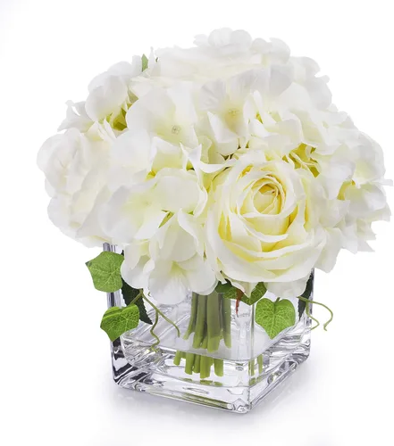 Vista 6 de Arreglos de flores artificiales de seda de rosas y hortensias en jarrón de cristal para decoración del hogar y boda (azul)