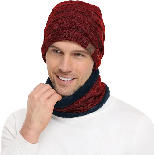 Vista 5 de Conjunto de gorro de invierno para hombre, gorro de punto cálido, gorro de calavera, calentador de cuello con forro polar grueso, gorro de invierno