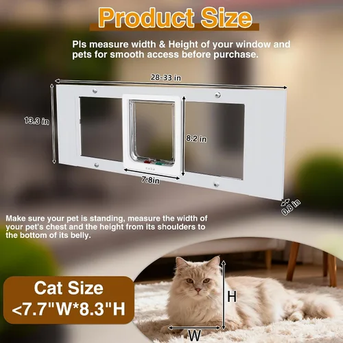 Vista 2 de Cat Door for Window,H 13.3" Adjustable Width 28-33”, Window Pet Door Insert for Cat& Small Dog with 4 Locking Modes, Quick-Fit Clear Cat Window Door
