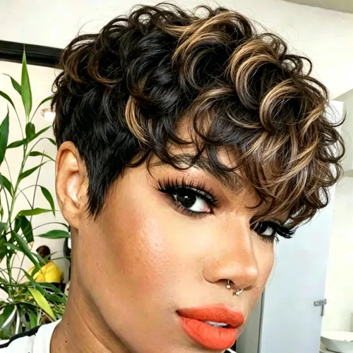 Vista 7 de Pelucas cortas de corte Pixie para mujeres negras, pelucas de corte Pixie con flequillo, negro mezclado con marrón, pelucas rizadas cortas