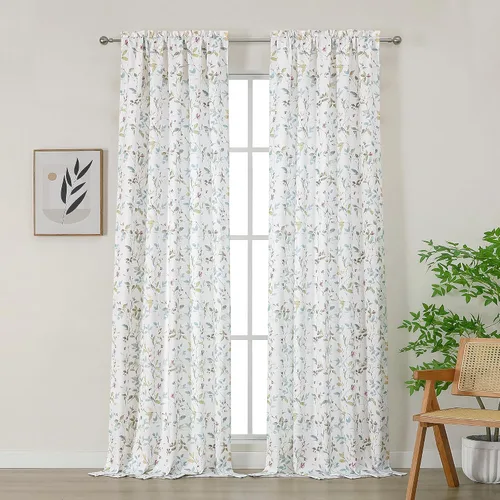Vista 28 de Chyhomenyc Cortinas de mezcla de lino de 63 pulgadas de largo, 2 paneles de cortina con estampado floral filtrante de luz para sala de estar