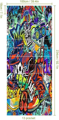 Vista 2 de Calcomanías modernas de grafiti en acuarela, calcomanías para escaleras para escaleras, abstracto, hip hop, ciudad, calle, pared, colorido, grafiti