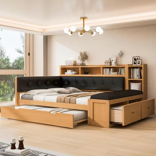 Vista 15 de VilroCaz Cama de sofá de tamaño individual de madera con estantes de almacenamiento y escritorio de estudio, estructura de cama de día Blanco