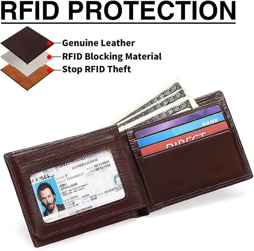 Vista 2 de SENDEFN Billeteras para hombre de cuero genuino con bloqueo RFID, tarjetero plegable, A-Marrón, Retro