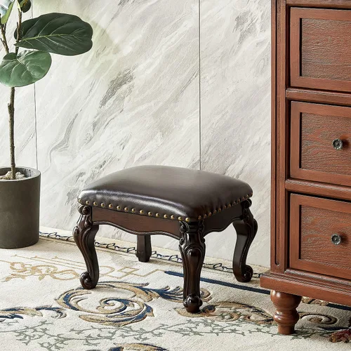 Vista 4 de Otomana con reposapiés, taburete tapizado de cuero de microfibra para sala de estar, sofá, entrada, madera maciza (negro, marrón)