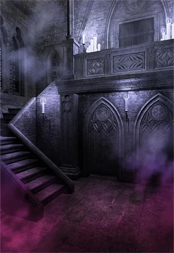 Vista 8 de AOFOTO Telón de fondo de 3 x 5 pies con diseño de castillo de estilo gótico sombrío para fotografía, habitación aterradora, noche de Halloween