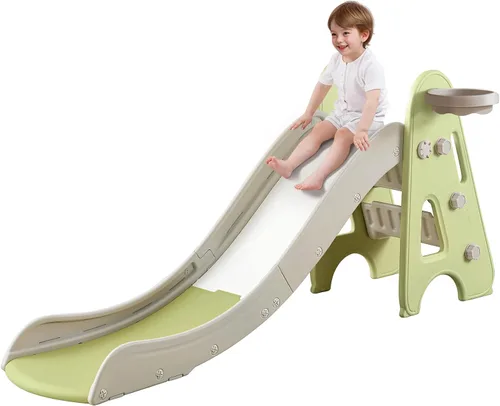 Vista 9 de Tobogán de interior para niños de 1 a 7 años, 3 en 1, juego de escalador para niños, plegable para niños pequeños con aros de baloncesto y pelota