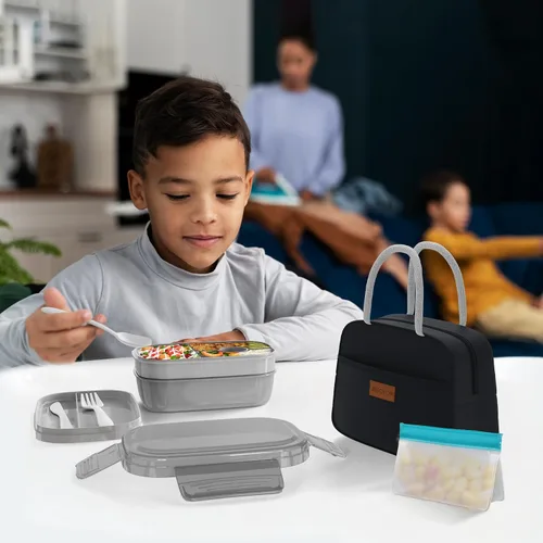 Vista 6 de JBGOYON® Juego de lonchera Bento, 3 recipientes apilables para adultos y niños, incluye bolsa de almuerzo, a prueba de fugas y sin BPA, juego