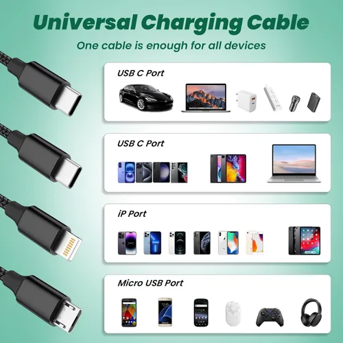 Vista 4 de Travel Vacation Essentials Cable de Carga Múltiple USB C, Paquete de 2 Cables de Carga 3 en 1 de Nailon de 4 Pies para Múltiples Dispositivos