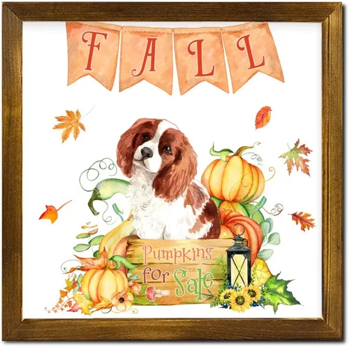 Vista 14 de Fall Pumpkins Sale with Japanese Spitz Dog Framed Wooden Signs Harvest Festival Hanging Wall Art Sign Farmhouse Wall Art Hanging Decor for Women