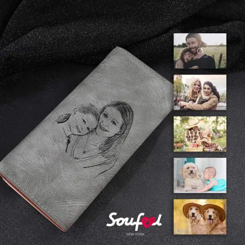 Vista 3 de SOUFEEL Billeteras personalizadas para mujer con foto personalizada, piel sintética, delgada, larga, triple, regalos para mamá, abuela, hija, Gris