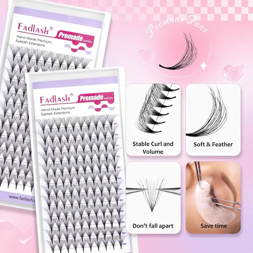 Vista 25 de FADLASH Extensiones de pestañas postizas en abanico con base puntiaguda 10D, extensiones de pestañas postizas de tallo medio, extensiones