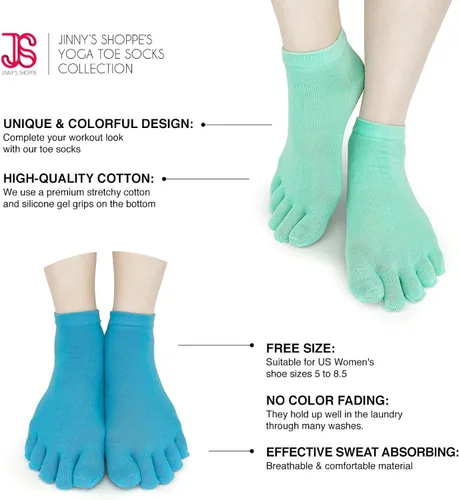 Vista 6 de Jinny's Shoppe Women's Colorful Comfortable Yoga Pilates Barre Cotton Full Toe Grip Socks with Non-Slip Non-Skid Gel Bottom