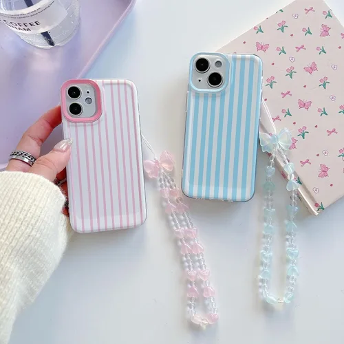 Vista 3 de Bonita funda a rayas para iPhone 6 Plus iPhone 6s Plus con cadena de cuentas, estética suave y delgada, funda protectora de poliuretano