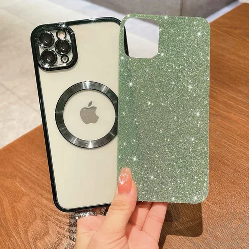 Vista 4 de Compatible con iPhone 11 Pro Max Funda magnética con purpurina, bonita funda transparente chapada de lujo, compatible con MagSafe para mujeres