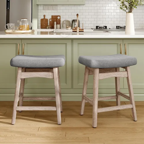 Vista 21 de MAISON ARTS Juego de 4 taburetes de bar grises para encimera de cocina, patas de madera maciza con asiento de silla de montar de piel sintética