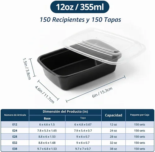 Vista 2 de Tiya Contenedores de preparación de comidas con tapas, paquete de 150 recipientes de plástico de 12 onzas sin BPA para almacenamiento de alimentos