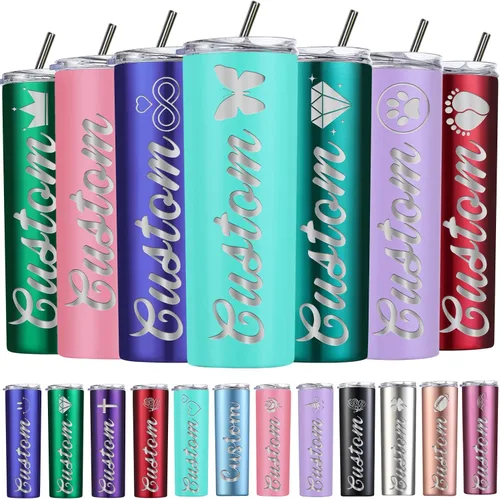 Vista 14 de Vasos delgados personalizados con tapas y pajitas, vaso delgado de acero inoxidable grabado con láser, vasos personalizados con nombre de 20 onzas