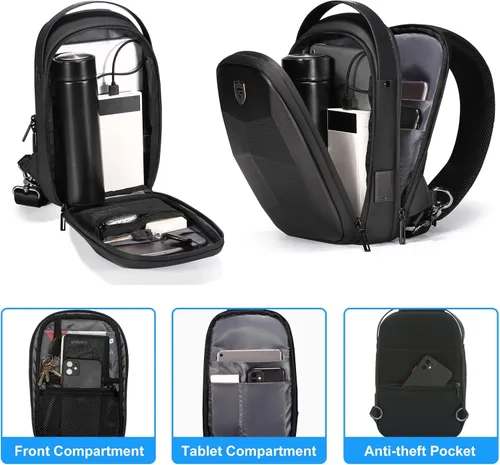 Vista 3 de FENRUIEN Bolsa rígida para hombre, mochila cruzada resistente al agua con puerto USB, bolsa de pecho negra para viajesuso diario, Negro -, Mochilas