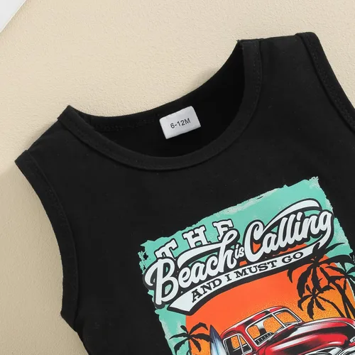 Vista 13 de Ropa de bebé niño sin mangas + pantalones cortos con estampado a rayas con bolsillos, 2 piezas de trajes de verano