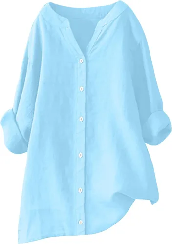 Vista 13 de Camisas de algodón y lino con botones para mujer, cuello en V, manga larga, blusas elegantes y casuales