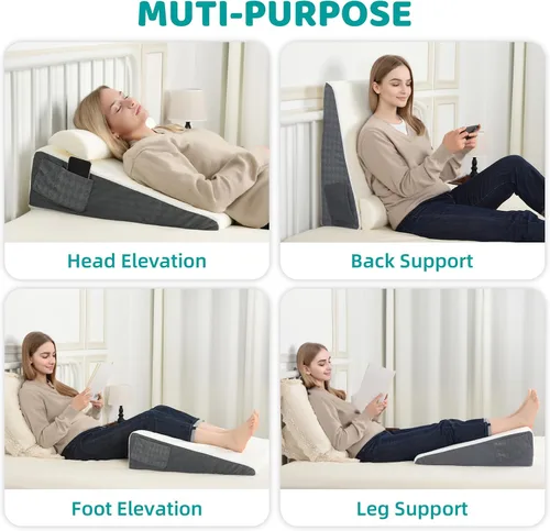 Vista 3 de Almohada de cuña de cama para apnea del sueño, almohada triangular de cuña de 22 x 22 x 7 pulgadas con almohada para el cuello para dormir
