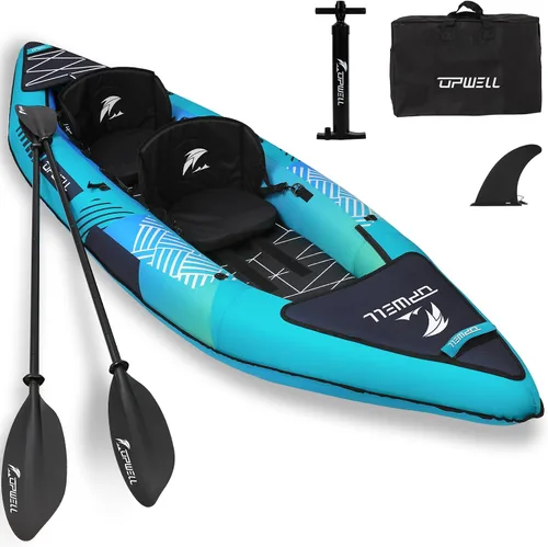 Vista 7 de UPWELL Kayak recreativo inflable de 13'6"/11' – 2 personas con piso de punto de caída y accesorios, incluyendo asientos de kayak con soporte