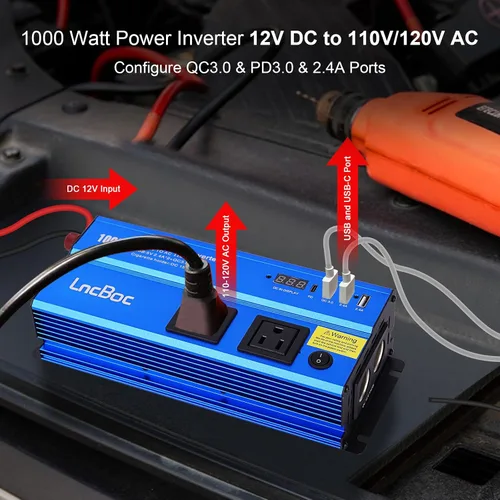 Vista 5 de Inversor de corriente 12v a 110v 1000w: Convertidor de 1000 vatios de CC a CA Inversores de batería para adaptador de cargador de coche con enchufe