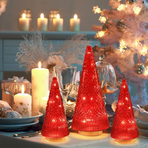 Vista 2 de PHITRIC Decoraciones de Navidad para Interiores, 3 Piezas de Centros de Mesa de Árbol de Navidad de Cristal Rojo Brillante con Luces LED