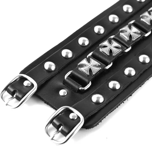Vista 6 de STWTR Pulsera de cuero para hombre estilo punk rock, brazalete ancho tipo cinturón de motocicleta