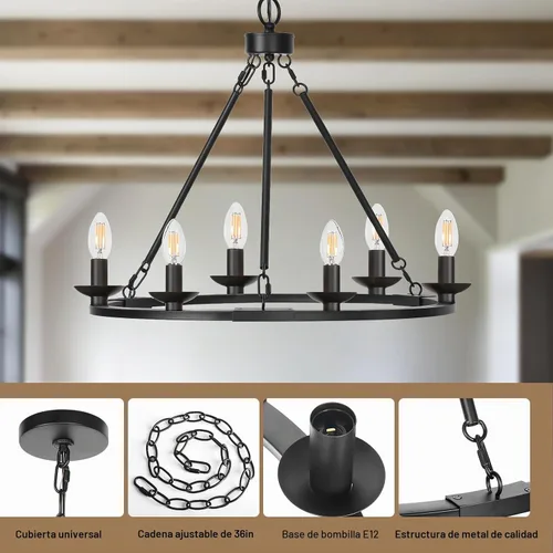 Vista 4 de Candelabro negro de granja, lámpara colgante de rueda de carro de 6 luces
