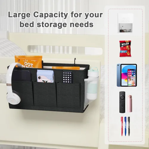 Vista 5 de Edudif Organizador de cabecera de cama de doble propósito, organizador de mesita de noche con 6 bolsillos, organizador de cama versátil con solución