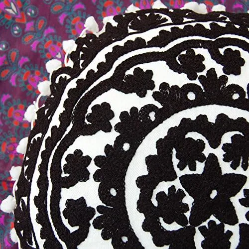 Vista 5 de Almohada redonda Suzani bohemia, fundas de cojín bordadas de 16 pulgadas, fundas de almohada decorativas, cojines indios con pompones