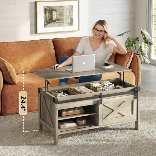 Vista 5 de WLIVE Mesa de Centro con Tapa Elevable, Mesa de Centro Estilo Granja de 39.4 pulgadas con Gran Compartimento de Almacenamiento Oculto, Puertas