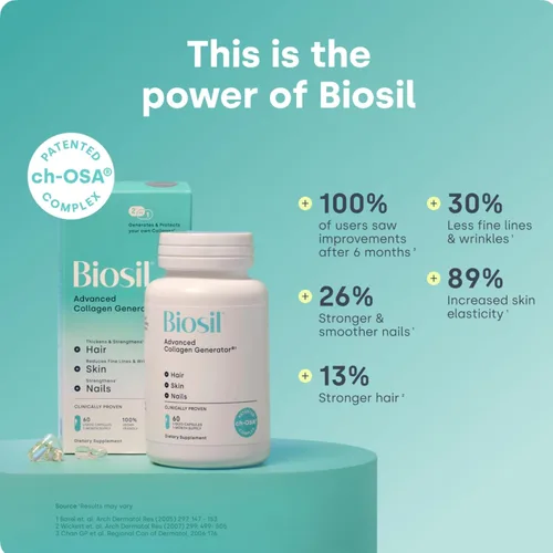 Vista 2 de Biosil Suplemento potenciador de colágeno - 60 cápsulas veganas - Activador patentado ch-OSA para piel, cabello, uñas y articulaciones - Apoya