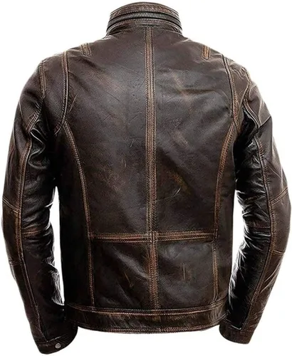 Vista 2 de Chaqueta de cuero única para hombre, chaqueta de cuero marrón genuino Cafe Racer Hooligan - Chaquetas para hombre