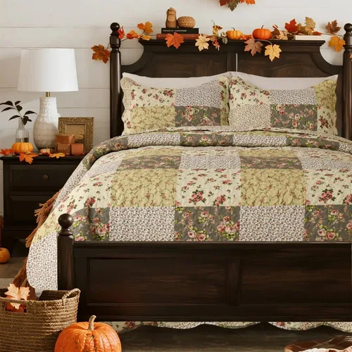 Vista 9 de Cmfshape - Juego de cama con edredón acolchado floral de verano tamaño king, juego de colcha rosa romántico, cubrecama reversible cosido para todas
