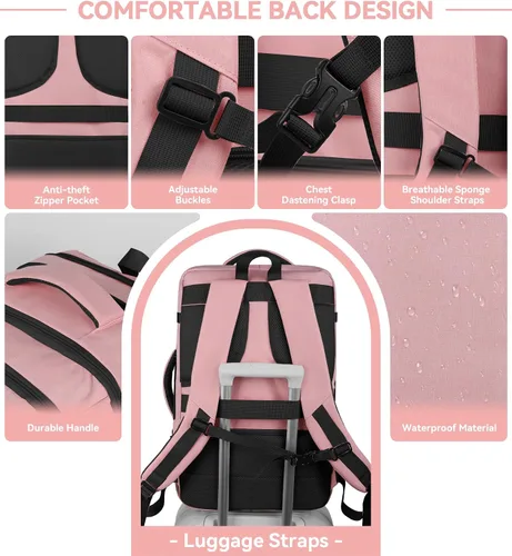 Vista 3 de AREYTECO Mochila de viaje para mujer, mochila de mano expandible de 50 L Amourpink