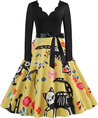 Vista 2 de Vestido de Halloween para mujer 2022 con estampado de moda de manga larga con cuello en V y dobladillo casual
