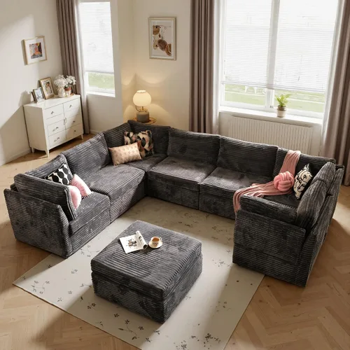 Vista 16 de Ovios - Sofá modular con diván en forma de U y otomanas, cómodo y mullido, tapizado en pana estilo nube, moderno, asiento profundo, juego de sofás