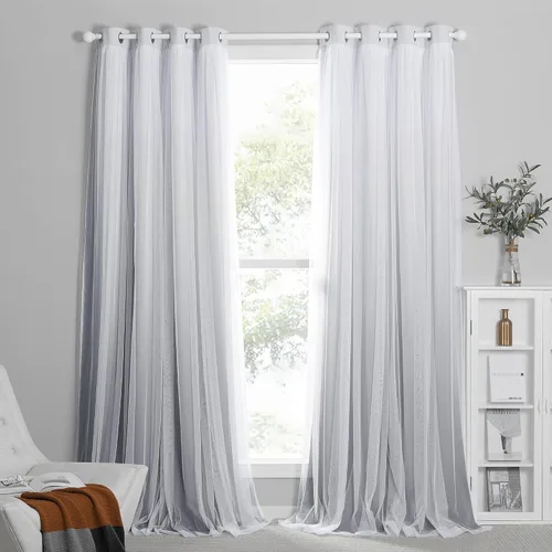 Vista 2 de PONY DANCE Cortinas para Sala de Estar - Cortinas Opacas Gris Degradado con Superposición de Gasa Blanca Térmicamente Aisladas Mezcla y Combina