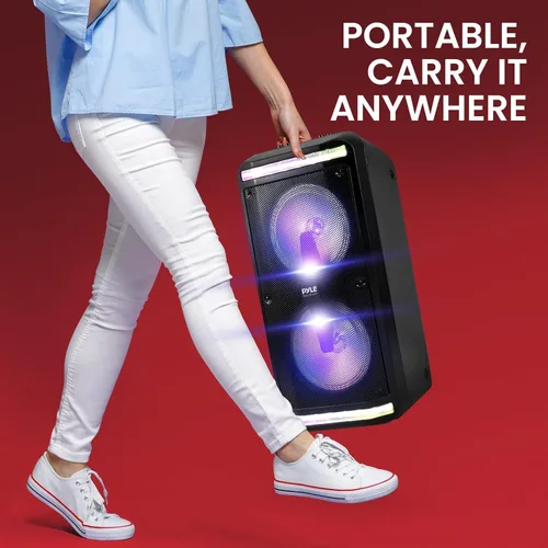 Vista 6 de Pyle Altavoz Bluetooth y sistema de megafonía – Sistema de karaoke estéreo portátil con micrófono con cable, luces LED integradas, lectores