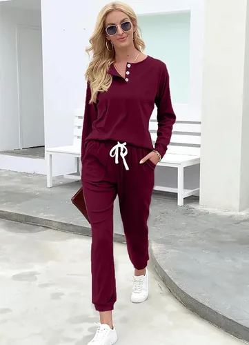Vista 13 de Wiholl - Conjuntos de dos piezas para mujer: ropa cómoda con sudadera abotonada y pantalones deportivos con bolsillos